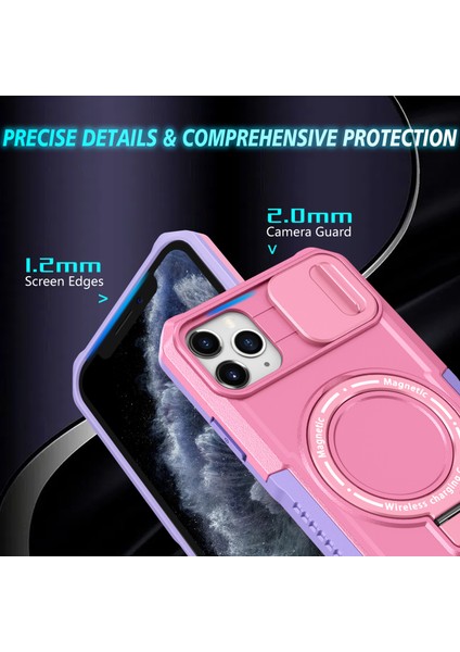 iPhone 11 Pro Max Için Kılıf Kickstand Pc+Tpu Lens Korumalı Manyetik Telefon Kılıfı-Mor/pembe (Yurt Dışından)