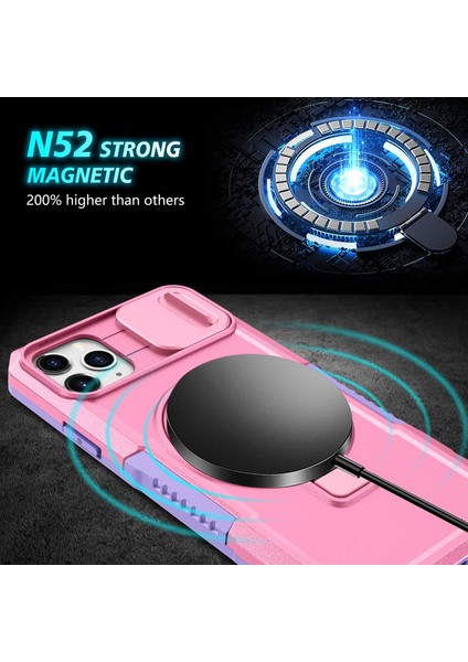 iPhone 11 Pro Max Için Kılıf Kickstand Pc+Tpu Lens Korumalı Manyetik Telefon Kılıfı-Mor/pembe (Yurt Dışından)