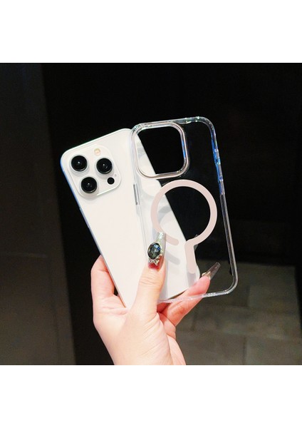 iPhone 13 Pro Için Manyetik Kılıf Düşme Önleyici Tpu+Pc Şeffaf Telefon Kapağı-Bej (Yurt Dışından)