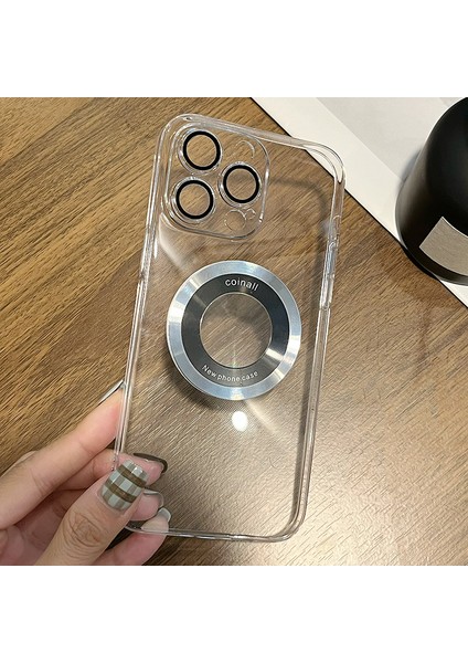 iPhone 15 Pro Max Için Manyetik Telefon Kılıfı Pc+Tpu Logo Görünümü Şeffaf Arka Kapak Lensli Film-Şeffaf (Yurt Dışından)