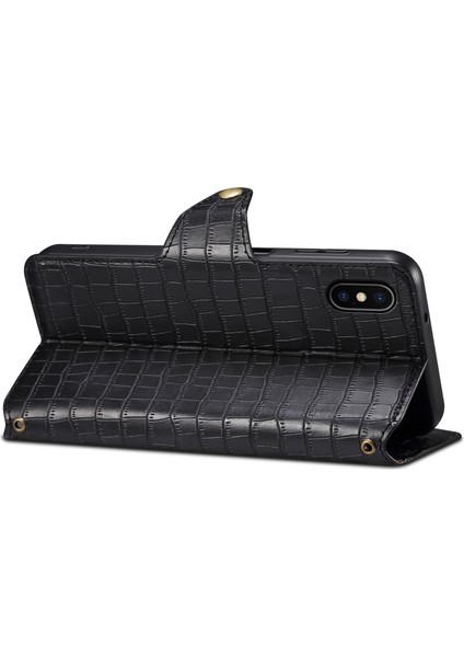 iPhone X/xs Için Cüzdan Telefon Kapağı Çizilmez Pu Deri Kılıf Standı Timsah Dokusu Kabuk-Siyah (Yurt Dışından)