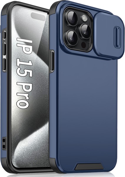 iPhone 15 Pro Kılıf Darbeye Dayanıklı Pc+Tpu Kapaklı, Kaydırmalı Kamera Korumalı-Mavi (Yurt Dışından)