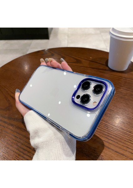 iPhone 13 Pro Kılıf Metal Kamera Çerçevesi Pc+Tpu Şeffaf Telefon Kapağı-Mavi (Yurt Dışından)