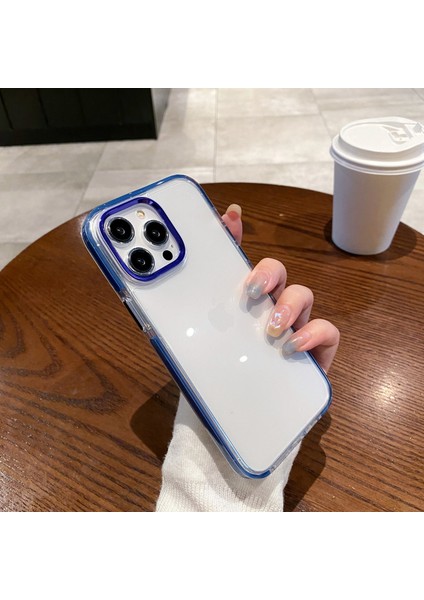 iPhone 13 Pro Kılıf Metal Kamera Çerçevesi Pc+Tpu Şeffaf Telefon Kapağı-Mavi (Yurt Dışından)