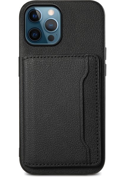 iPhone 12 Pro Max Için Kickstand Kılıf Düşmeyi Önleyici Buzağı Dokusu Pu+Pc+Tpu Telefon Kapağı-Siyah (Yurt Dışından)