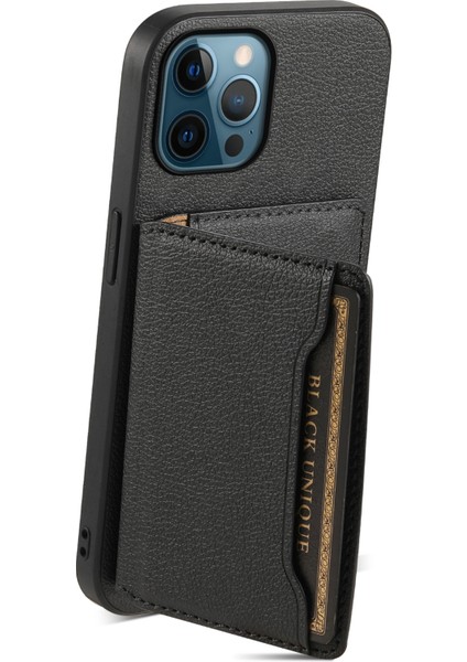 iPhone 12 Pro Max Için Kickstand Kılıf Düşmeyi Önleyici Buzağı Dokusu Pu+Pc+Tpu Telefon Kapağı-Siyah (Yurt Dışından)