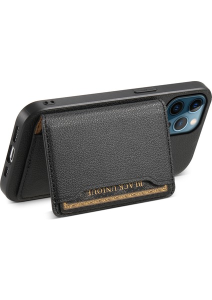 iPhone 12 Pro Max Için Kickstand Kılıf Düşmeyi Önleyici Buzağı Dokusu Pu+Pc+Tpu Telefon Kapağı-Siyah (Yurt Dışından)