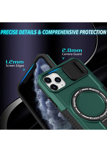 iPhone 11 Pro Max Için Kılıf Kickstand Pc+Tpu Lens Korumalı Manyetik Telefon Kılıfı-Siyahımsı Yeşil (Yurt Dışından)