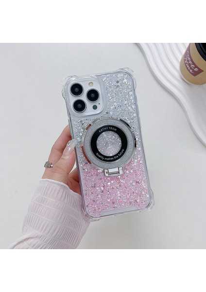 iPhone 13 Pro Için Tpu+Akrilik Kılıf Degrade Manyetik Halkalı Telefon Kılıfı Kickstand-Gümüş+Pembe (Yurt Dışından)