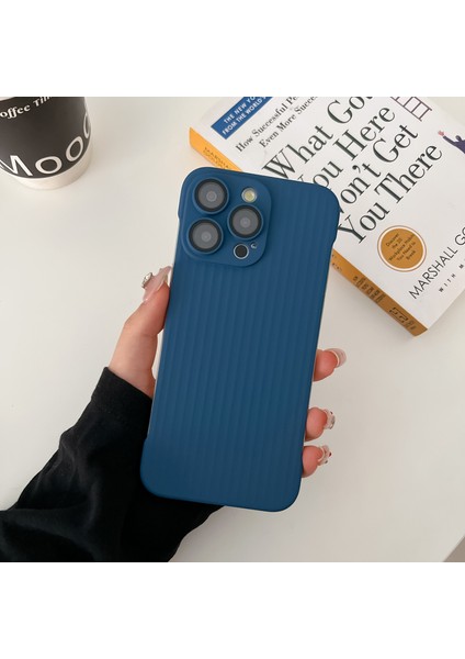 iPhone 13 Pro Için Çerçevesiz Kılıf Oluklu Tasarım Ka Pc Telefon Kapağı Lens Filmli-Koyu Mavi (Yurt Dışından)
