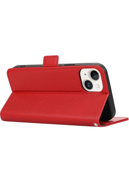 iPhone 15 Plus Için Deri Kılıf Rfıd Engelleme Cüzdan Litchi Texture Telefon Kapağı-Kırmızı (Yurt Dışından)