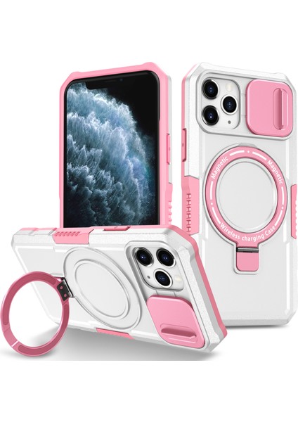 iPhone 11 Pro Kılıf Magsafe Pc+Tpu Kamera Koruma Telefon Kılıfı ile Uyumlu-Pembe/beyaz (Yurt Dışından)
