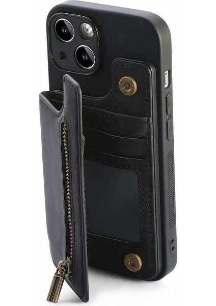 iPhone 13 Için Kickstand Kapak Pu+Tpu Telefon Koruyucu Kılıf Retro Cüzdan-Siyah (Yurt Dışından) modelleri