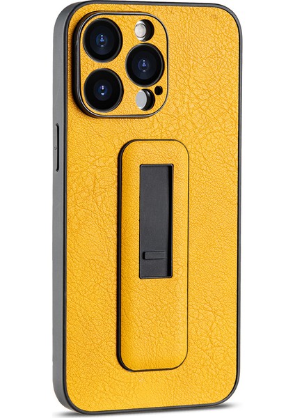 iPhone 14 Pro Kılıf Pc+Pu Deri Telefon Kılıfı, Gizli Destek Standı-Floresan Sarı (Yurt Dışından)