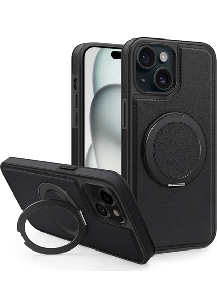 iPhone 15 Plus Kılıf Için Darbeye Dayanıklı Deri+Pc+Tpu Manyetik Telefon Kılıfı ve Kickstand-Siyah (Yurt Dışından)