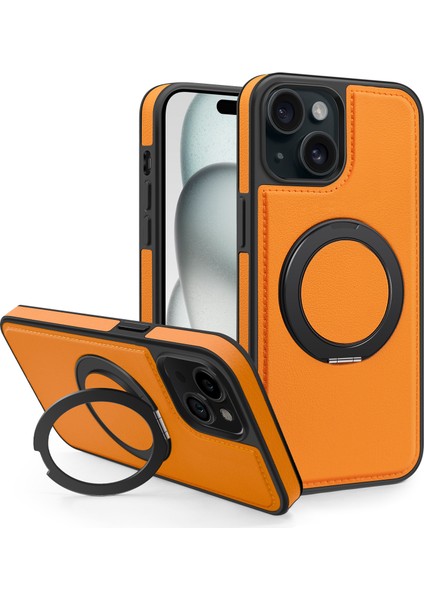 iPhone 15 Plus Kılıf Için Darbeye Dayanıklı Deri+Pc+Tpu Manyetik Telefon Kılıfı ve Kickstand-Turuncu (Yurt Dışından)