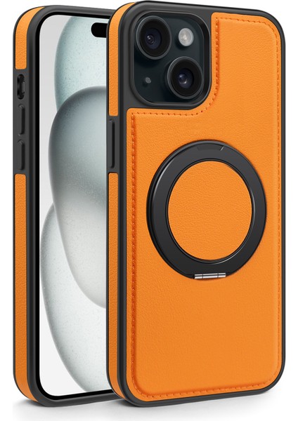 iPhone 15 Plus Kılıf Için Darbeye Dayanıklı Deri+Pc+Tpu Manyetik Telefon Kılıfı ve Kickstand-Turuncu (Yurt Dışından)