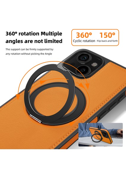 iPhone 15 Plus Kılıf Için Darbeye Dayanıklı Deri+Pc+Tpu Manyetik Telefon Kılıfı ve Kickstand-Turuncu (Yurt Dışından)
