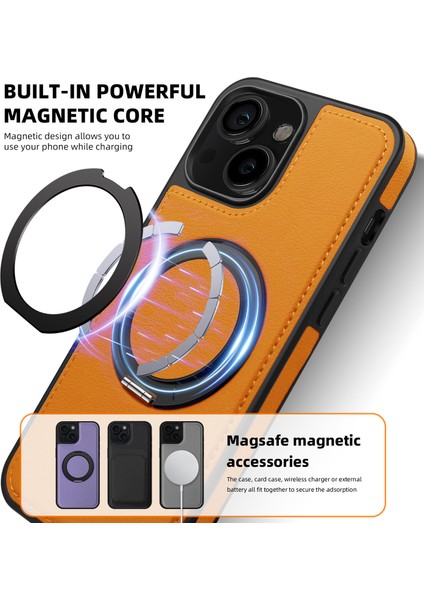 iPhone 15 Plus Kılıf Için Darbeye Dayanıklı Deri+Pc+Tpu Manyetik Telefon Kılıfı ve Kickstand-Turuncu (Yurt Dışından)