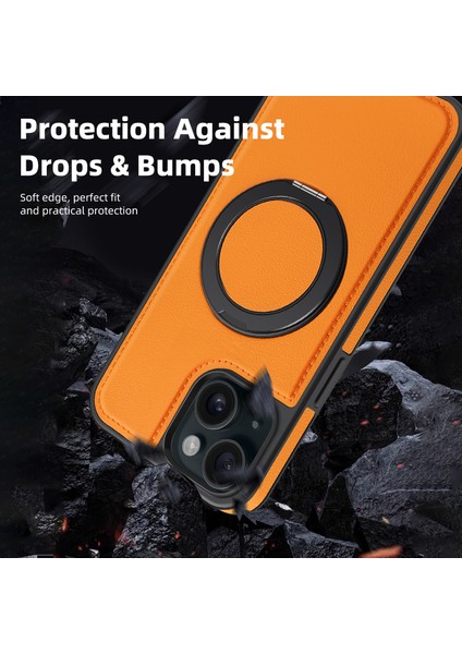 iPhone 15 Plus Kılıf Için Darbeye Dayanıklı Deri+Pc+Tpu Manyetik Telefon Kılıfı ve Kickstand-Turuncu (Yurt Dışından)