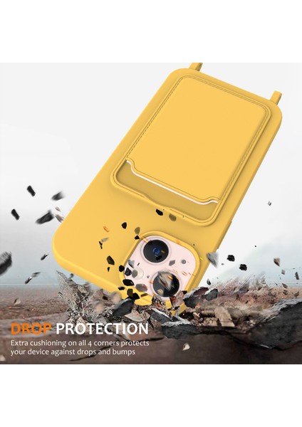 iPhone 15 Plus Shell Sıvı Silikon Kart Tutucu Telefon Kılıfı Uzun Ipli-Sarı (Yurt Dışından)