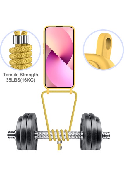 iPhone 15 Plus Shell Sıvı Silikon Kart Tutucu Telefon Kılıfı Uzun Ipli-Sarı (Yurt Dışından)