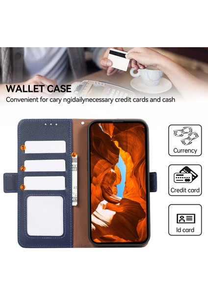 iPhone 13 Pro Için Rfıd Engellemeli Deri Kılıf Litchi Dokulu Telefon Kapağı-Mavi (Yurt Dışından)