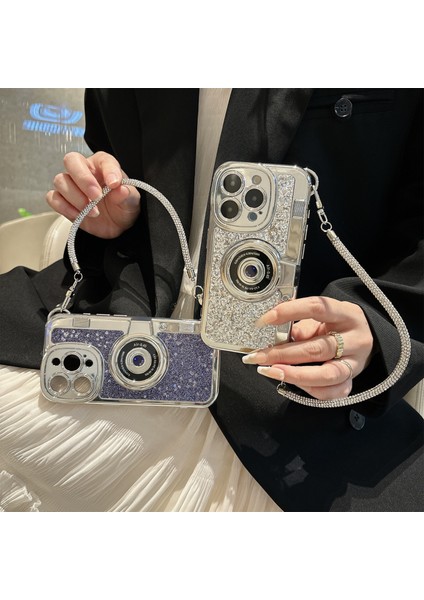 iPhone 15 Pro Için Kapak Kamera Tasarımı Tote Askılı Parıltılı Toz Tpu Telefon Kılıfı-Mor (Yurt Dışından) indirimleri