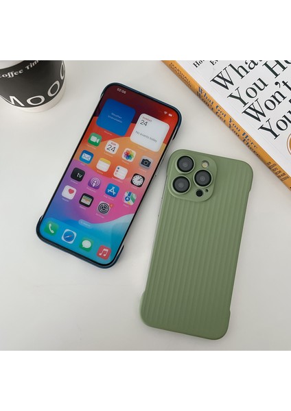 iPhone 13 Pro Için Çerçevesiz Kılıf Oluklu Tasarım Ka Pc Telefon Kapağı Lens Filmli-Koyu Yeşil (Yurt Dışından)
