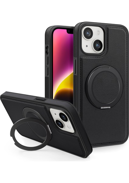 iPhone 14 Plus Için Manyetik Telefon Kılıfı Deri+Pc+Tpu Döner Halkalı Kickstand-Siyah (Yurt Dışından)