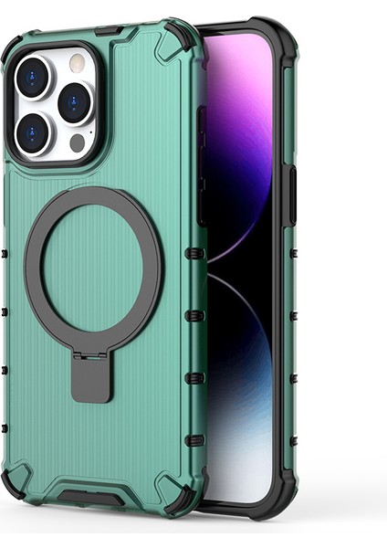 iPhone 15 Pro Max Için Kılıf Şerit Tasarımı Manyetik Halka Çubuğu Pc+Tpu Telefon Kapağı-Yeşil (Yurt Dışından)