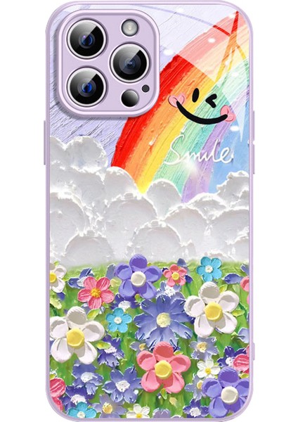 iPhone 14 Pro Kılıf Smile Gökkuşağı Desenli Tpu+Temperli Cam Ince Telefon Kapağı-Mor (Yurt Dışından)