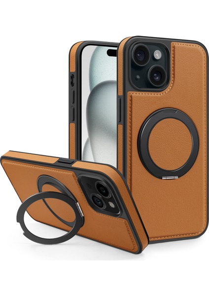 iPhone 15 Plus Kılıf Için Darbeye Dayanıklı Deri+Pc+Tpu Manyetik Telefon Kılıfı ve Kickstand-Kahverengi (Yurt Dışından)
