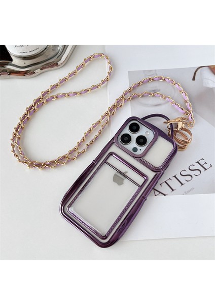 iPhone 14 Pro Için Kılıf Şeffaf Tpu Galvanik Telefon Arka Kabuk, Çapraz Zincirli ve Kart Tutuculu-Mor (Yurt Dışından)