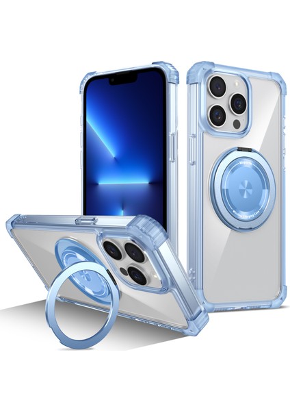 iPhone 13 Pro Için 6.1 Inç Manyetik Kılıf Pc+Tpu 360 Derece Döndürme Kickstand Telefon Kapağı-Şeffaf Mavi (Yurt Dışından)
