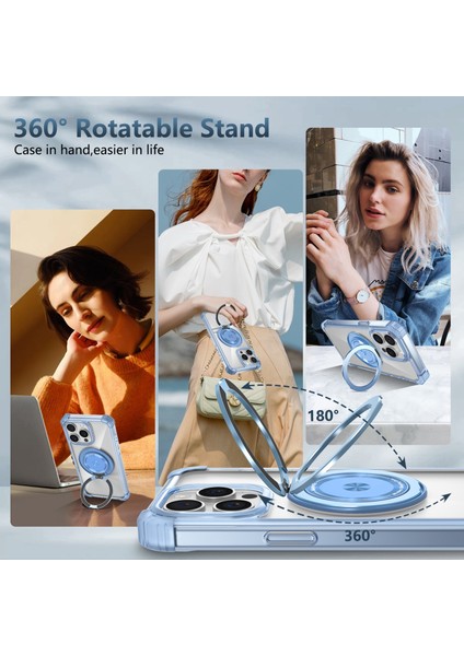 iPhone 13 Pro Için 6.1 Inç Manyetik Kılıf Pc+Tpu 360 Derece Döndürme Kickstand Telefon Kapağı-Şeffaf Mavi (Yurt Dışından)