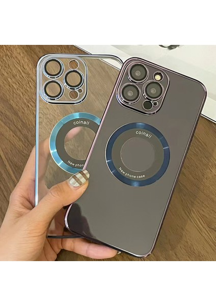 iPhone 15 Pro Için Manyetik Kılıf Logo Görünümü Pc+Tpu Lens Koruyuculu Telefon Kapağı-Mavi (Yurt Dışından)