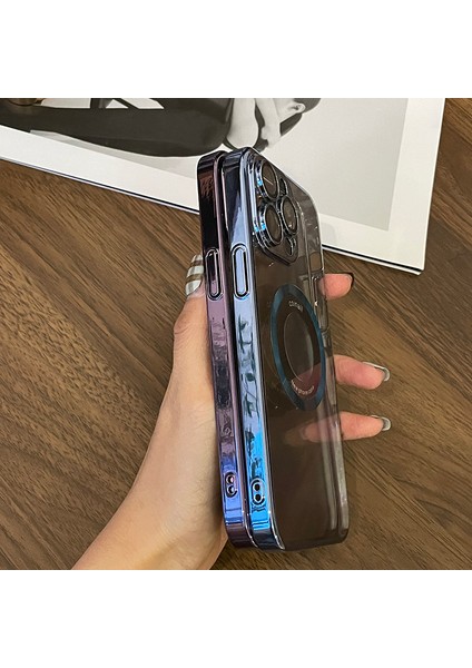 iPhone 15 Pro Için Manyetik Kılıf Logo Görünümü Pc+Tpu Lens Koruyuculu Telefon Kapağı-Mavi (Yurt Dışından)