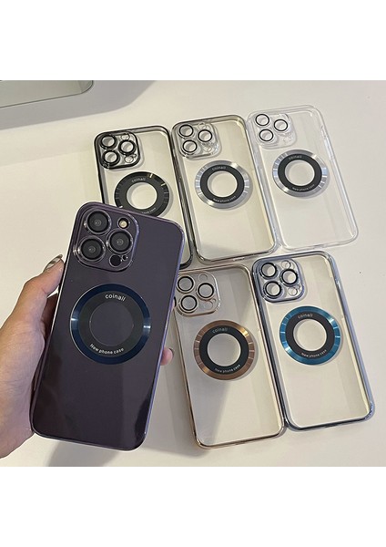 iPhone 15 Pro Için Manyetik Kılıf Logo Görünümü Pc+Tpu Lens Koruyuculu Telefon Kapağı-Mavi (Yurt Dışından)