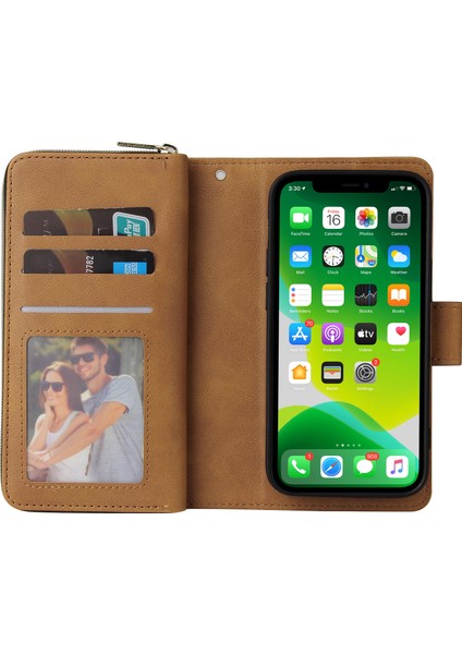 iPhone 13 Kılıf Cüzdan Fermuarlı Standlı Deri Telefon Kılıfı-Kahverengi (Yurt Dışından) modelleri