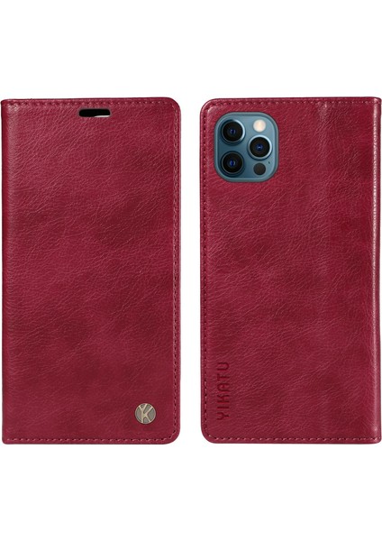 iPhone 12 Pro Max Için Deri Kılıf Manyetik Çevirmeli Telefon Cüzdan Kapağı-Şarap Kırmızısı (Yurt Dışından)