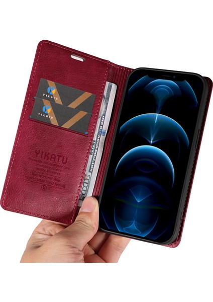 iPhone 12 Pro Max Için Deri Kılıf Manyetik Çevirmeli Telefon Cüzdan Kapağı-Şarap Kırmızısı (Yurt Dışından)