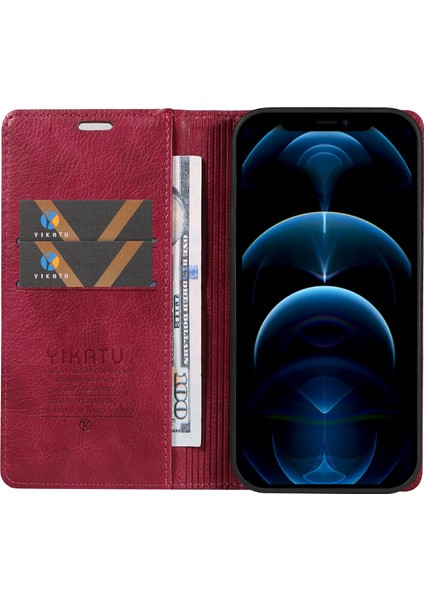 iPhone 12 Pro Max Için Deri Kılıf Manyetik Çevirmeli Telefon Cüzdan Kapağı-Şarap Kırmızısı (Yurt Dışından)