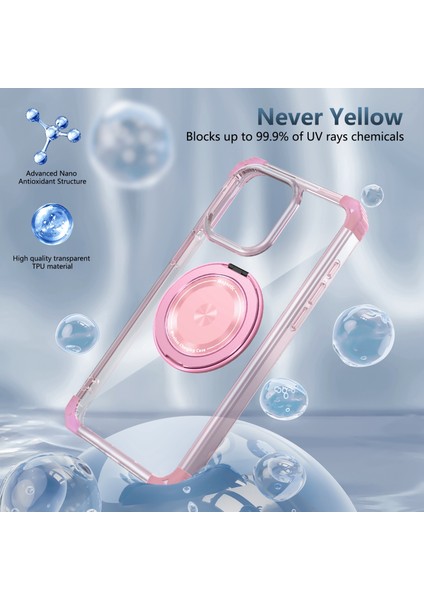iPhone 13 Pro Için 6.1 Inç Manyetik Kılıf Pc+Tpu 360 Derece Döndürme Kickstand Telefon Kapağı-Şeffaf Pembe (Yurt Dışından)