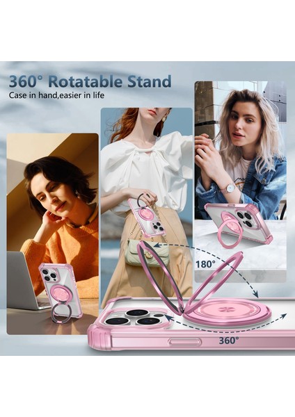 iPhone 13 Pro Için 6.1 Inç Manyetik Kılıf Pc+Tpu 360 Derece Döndürme Kickstand Telefon Kapağı-Şeffaf Pembe (Yurt Dışından)
