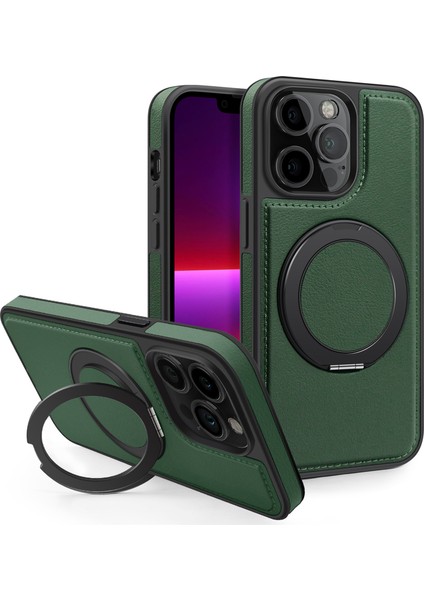 iPhone 13 Pro Kılıf Deri+Pc+Tpu Kickstand Telefon Kılıfı Magsafe ile Uyumlu-Koyu Yeşil (Yurt Dışından)
