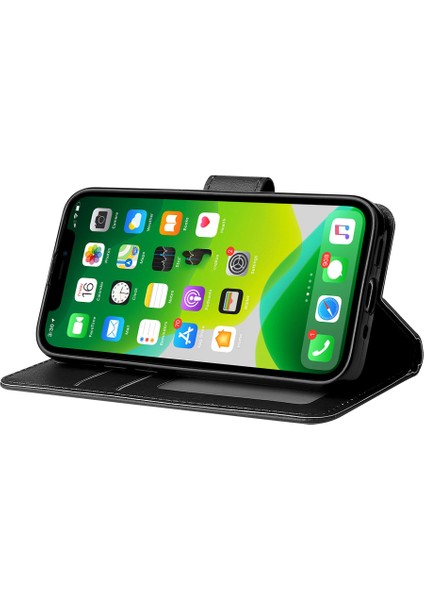 iPhone 13 Mini Kılıf Pu Deri Telefon Kılıfı Kart Yuvalı Cüzdan-Siyah (Yurt Dışından)