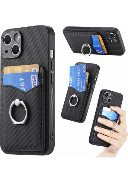 C1-8 iPhone 13 6.1 Inç Kılıf Karbon Fiber Doku Kickstand Telefon Kapağı, Kart Yuvaları Ile-Siyah (Yurt Dışından)