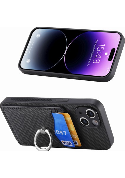 C1-8 iPhone 13 6.1 Inç Kılıf Karbon Fiber Doku Kickstand Telefon Kapağı, Kart Yuvaları Ile-Siyah (Yurt Dışından) fiyatları