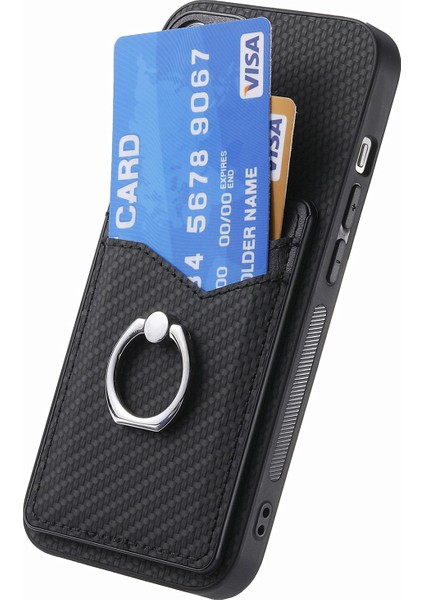 C1-8 iPhone 13 6.1 Inç Kılıf Karbon Fiber Doku Kickstand Telefon Kapağı, Kart Yuvaları Ile-Siyah (Yurt Dışından) modelleri